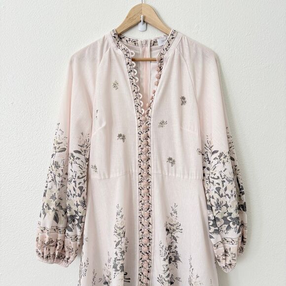 Zimmerman Women's Size 1 US 6 Golden Floral Long Sleeve Silk Linen Maxi Dress - Picture 2 of 12